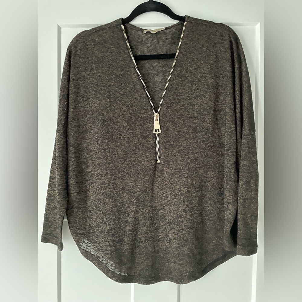 Super flattering pullover sweater from Joan Vass with a large, gold zipper